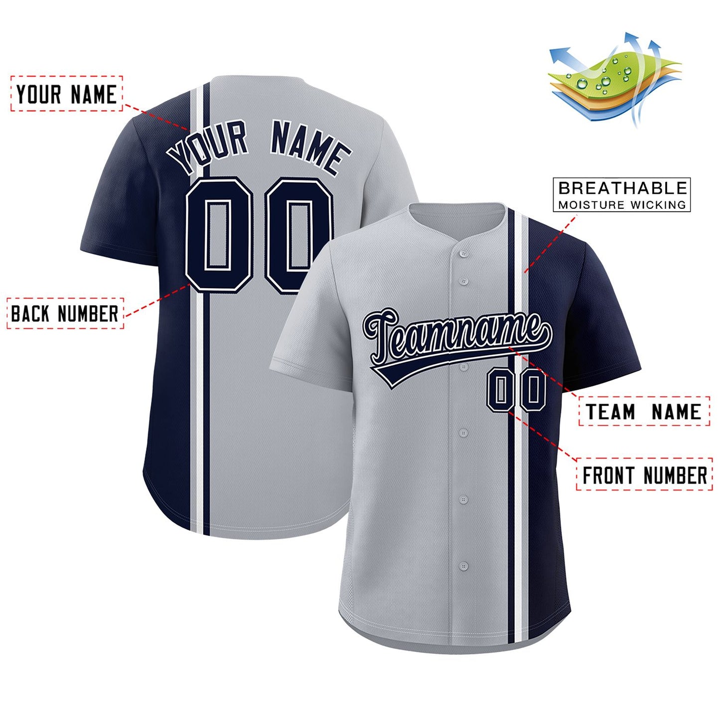 Custom Gray Navy-White Personalized Color Block Authentic Baseball jersey