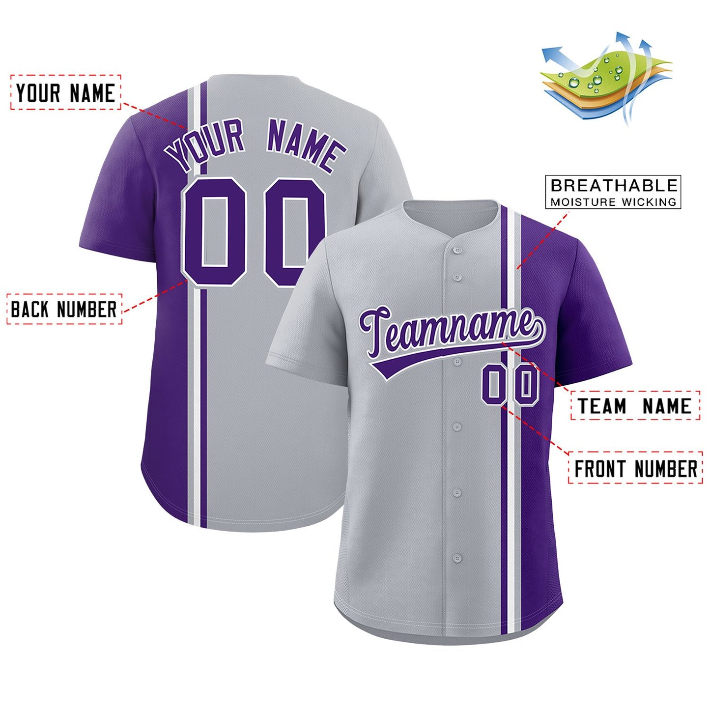 Custom Gray Purple-White Personalized Color Block Authentic Baseball jersey