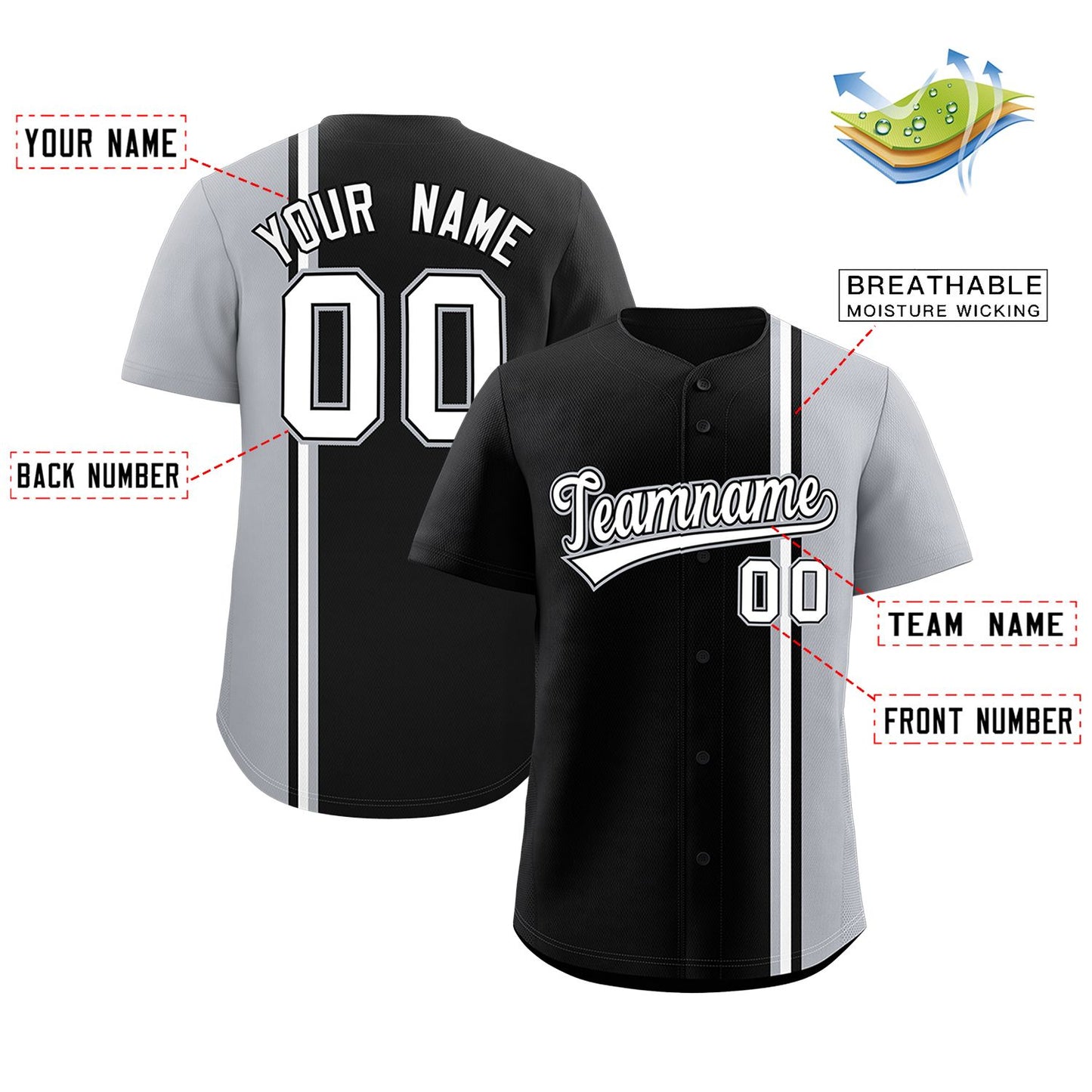 Custom Black Gray-White Personalized Color Block Authentic Baseball jersey