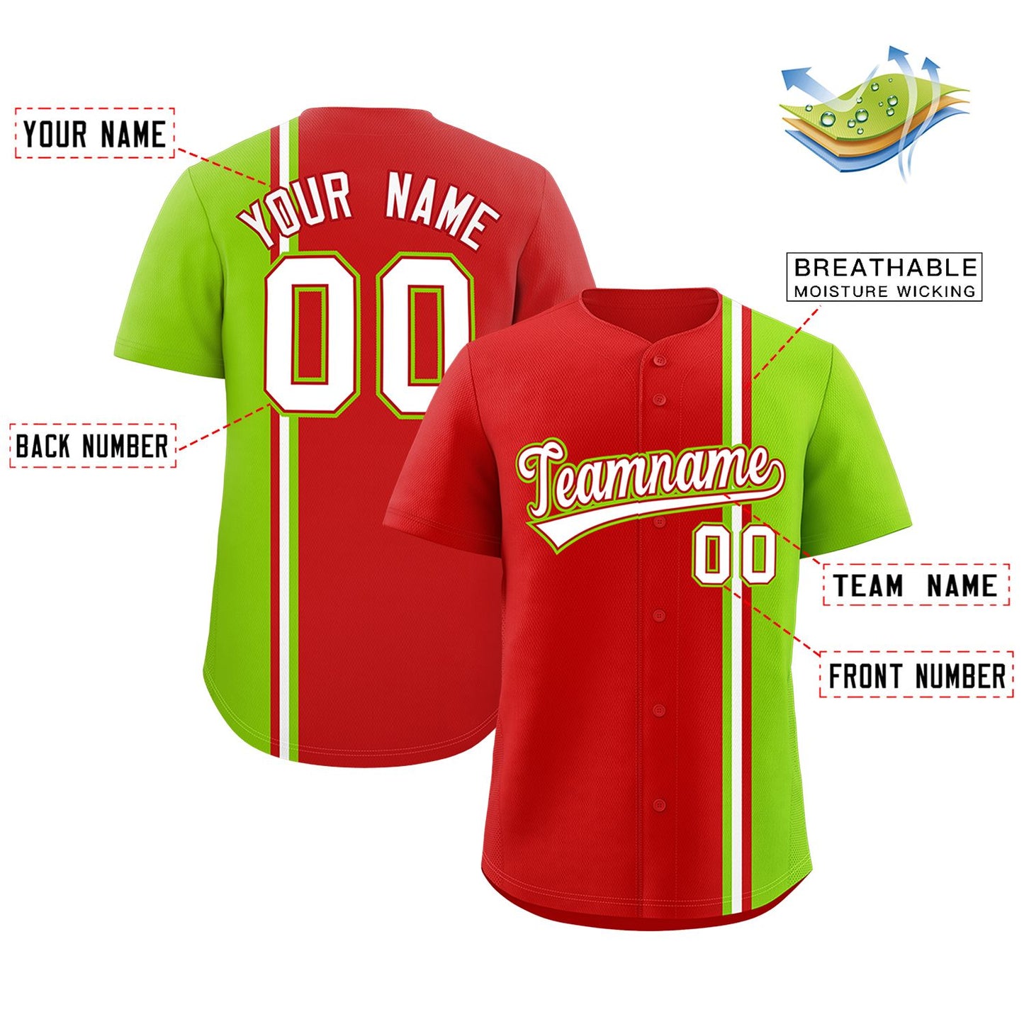 Custom Red Neon Green-White Personalized Color Block Authentic Baseball jersey