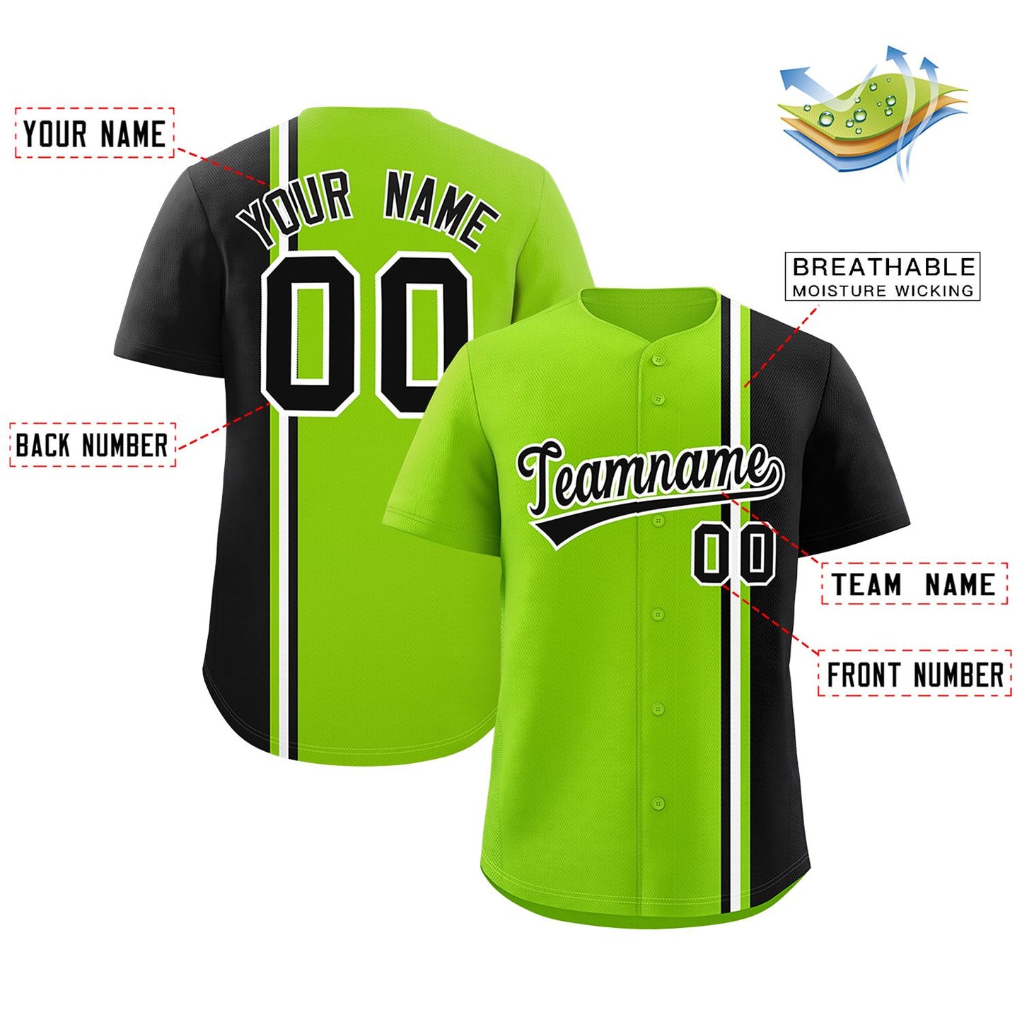 Custom Neon Green Black-White Personalized Color Block Authentic Baseball jersey