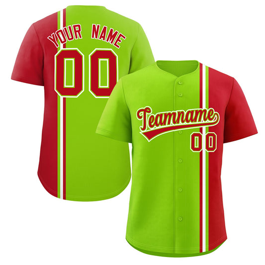 Custom Neon Green Red-White Personalized Color Block Authentic Baseball jersey