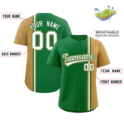 Custom Kelly Green Old Gold-White Personalized Color Block Authentic Baseball jersey