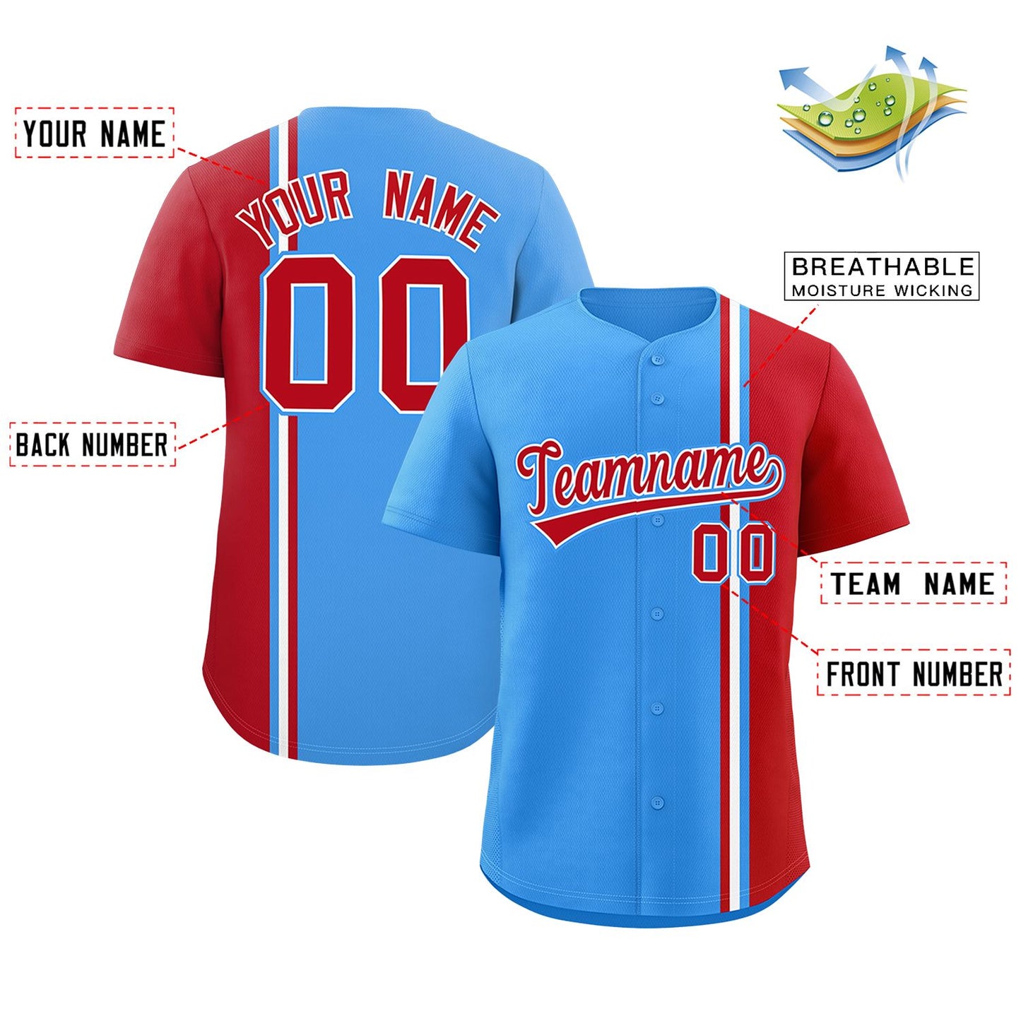 Custom Powder Blue Red-White Personalized Color Block Authentic Baseball jersey