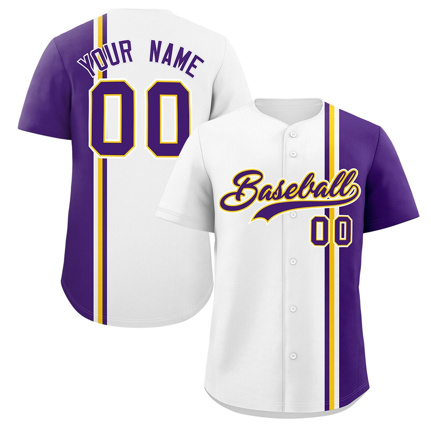 Custom White Purple-Gold Personalized Color Block Authentic Baseball jersey