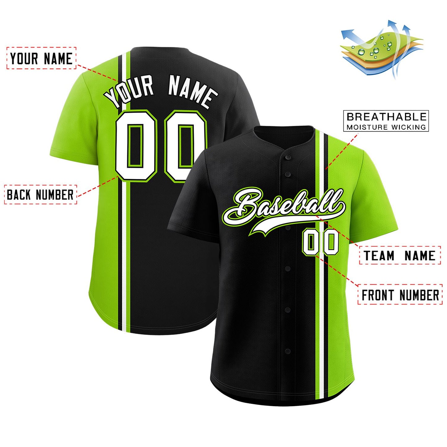 Custom Black Neon Green-White Personalized Color Block Authentic Baseball jersey