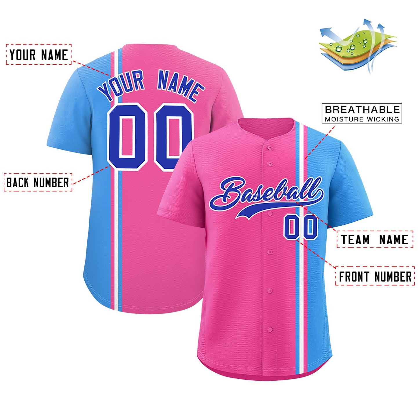 Custom Pink Powder Blue-White Personalized Color Block Authentic Baseball jersey