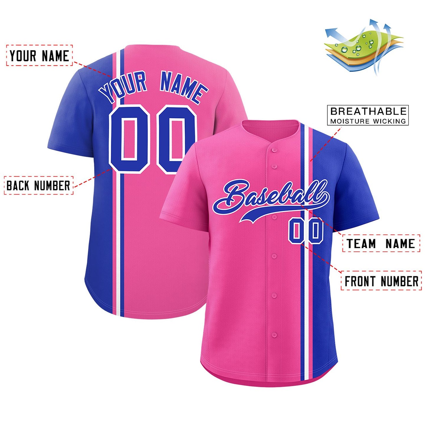 Custom Pink Royal-White Personalized Color Block Authentic Baseball jersey