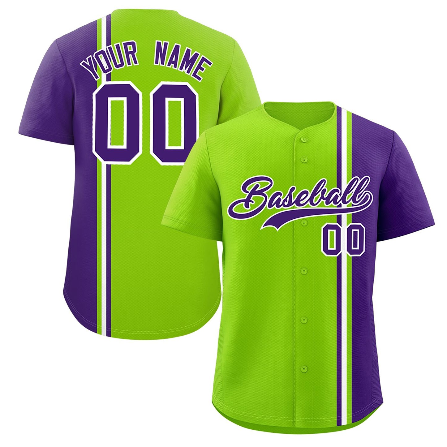 Custom Neon Green Purple-White Personalized Color Block Authentic Baseball jersey