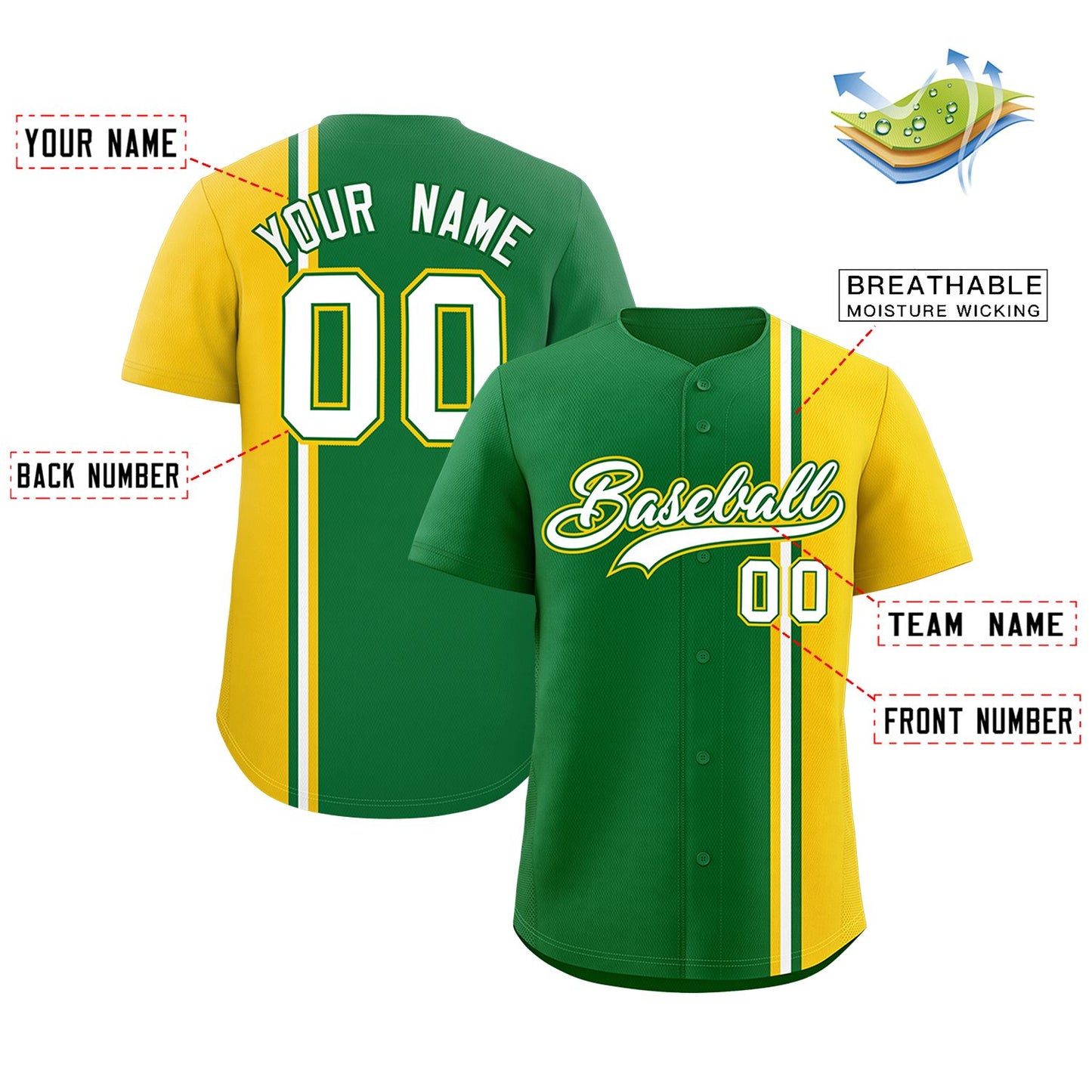 Custom Kelly Green Gold-White Personalized Color Block Authentic Baseball jersey