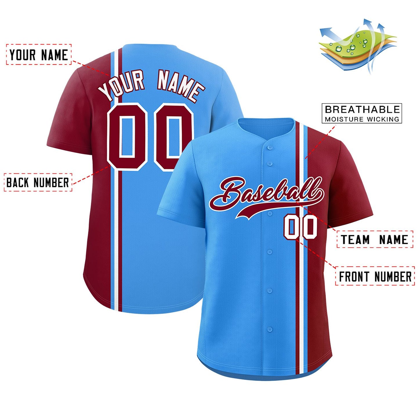 Custom Powder Blue Crimson-White Personalized Color Block Authentic Baseball jersey