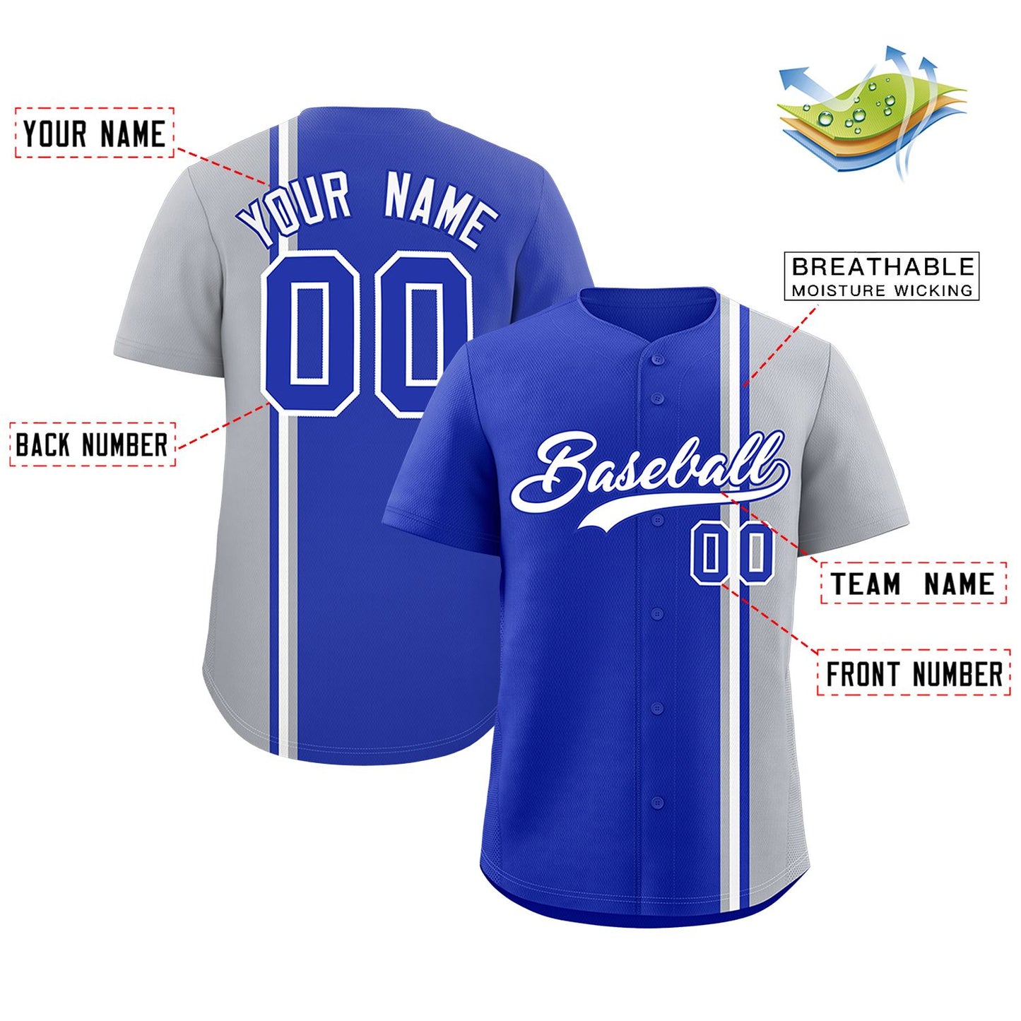 Custom Royal Gray-White Personalized Color Block Authentic Baseball jersey