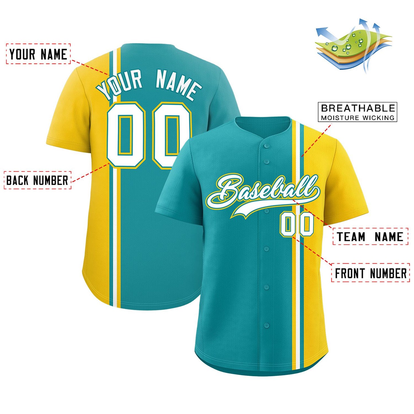 Custom Aqua Gold-White Personalized Color Block Authentic Baseball jersey