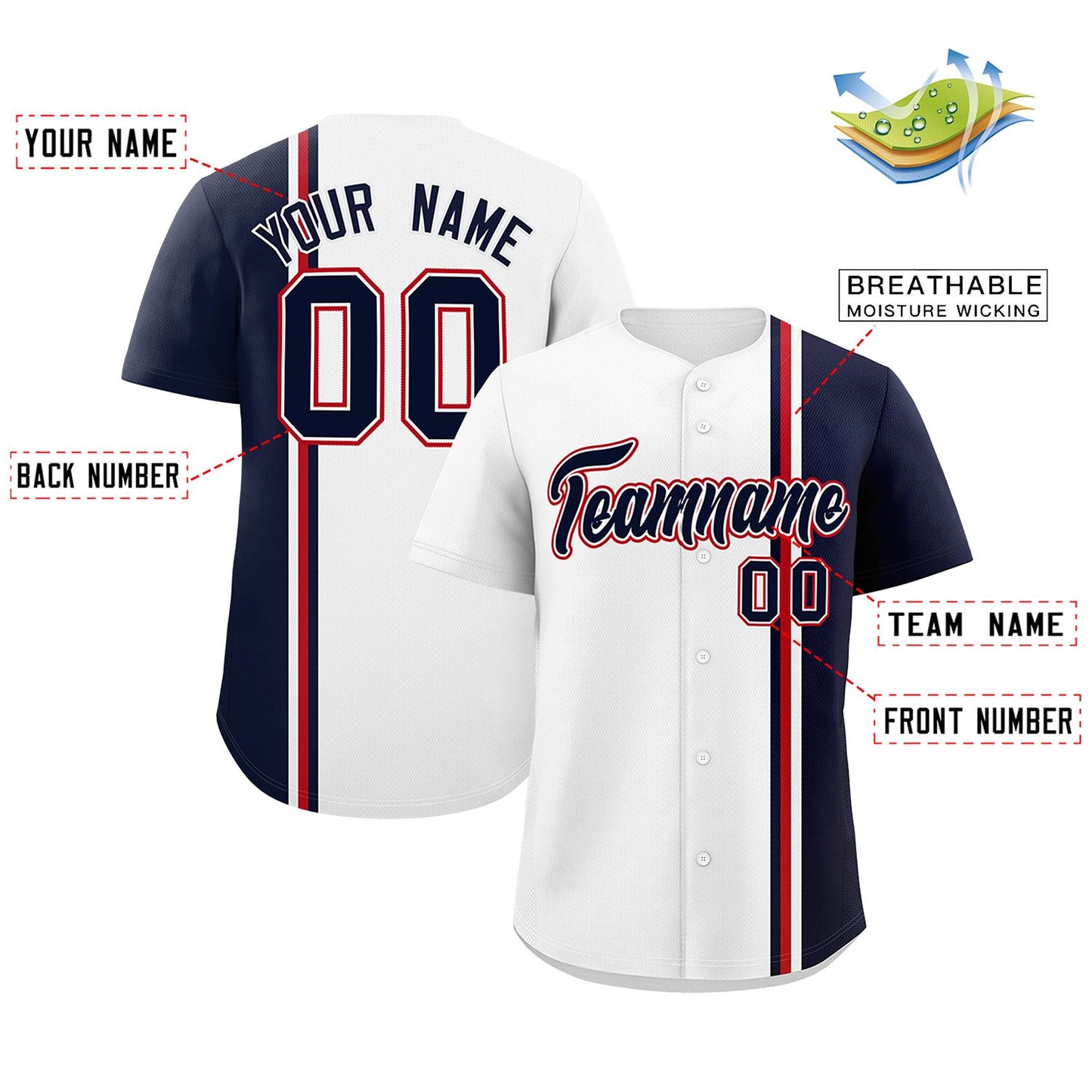 Custom White Navy-Red Personalized Color Block Authentic Baseball jersey