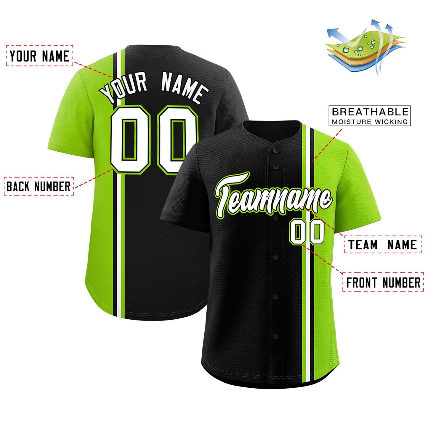 Custom Black Neon Green-White Personalized Color Block Authentic Baseball jersey