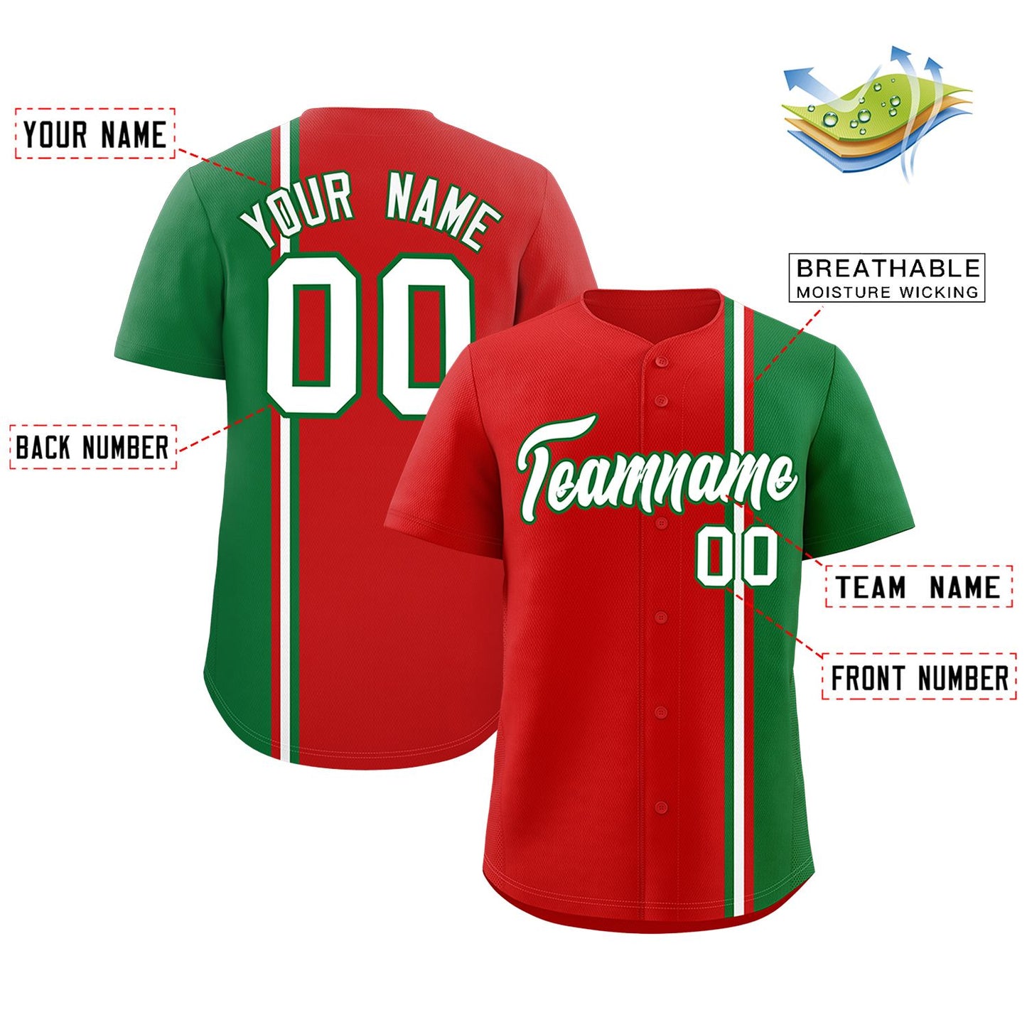 Custom Red Kelly Green-White Personalized Color Block Authentic Baseball jersey