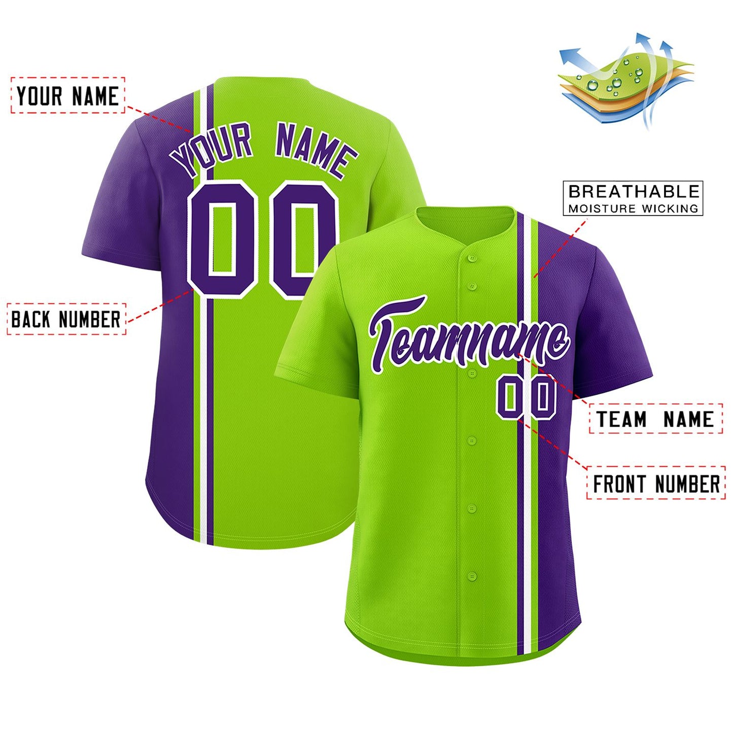 Custom Neon Green Purple-White Personalized Color Block Authentic Baseball jersey