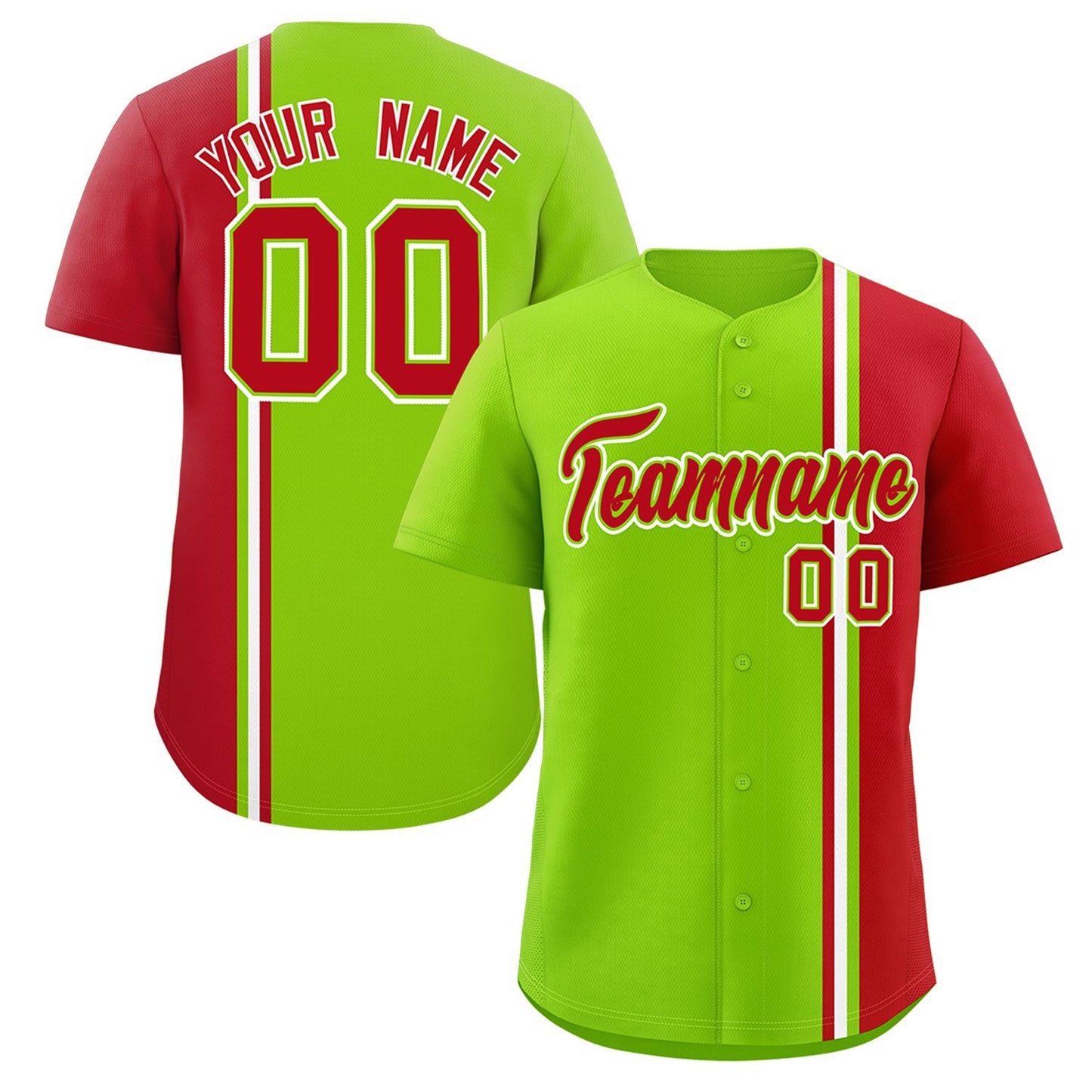 Custom Neon Green Red-White Personalized Color Block Authentic Baseball jersey