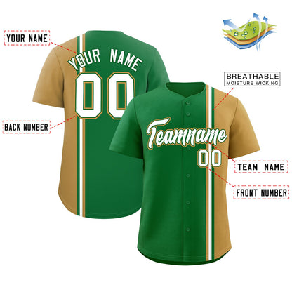 Custom Kelly Green Old Gold-White Personalized Color Block Authentic Baseball jersey