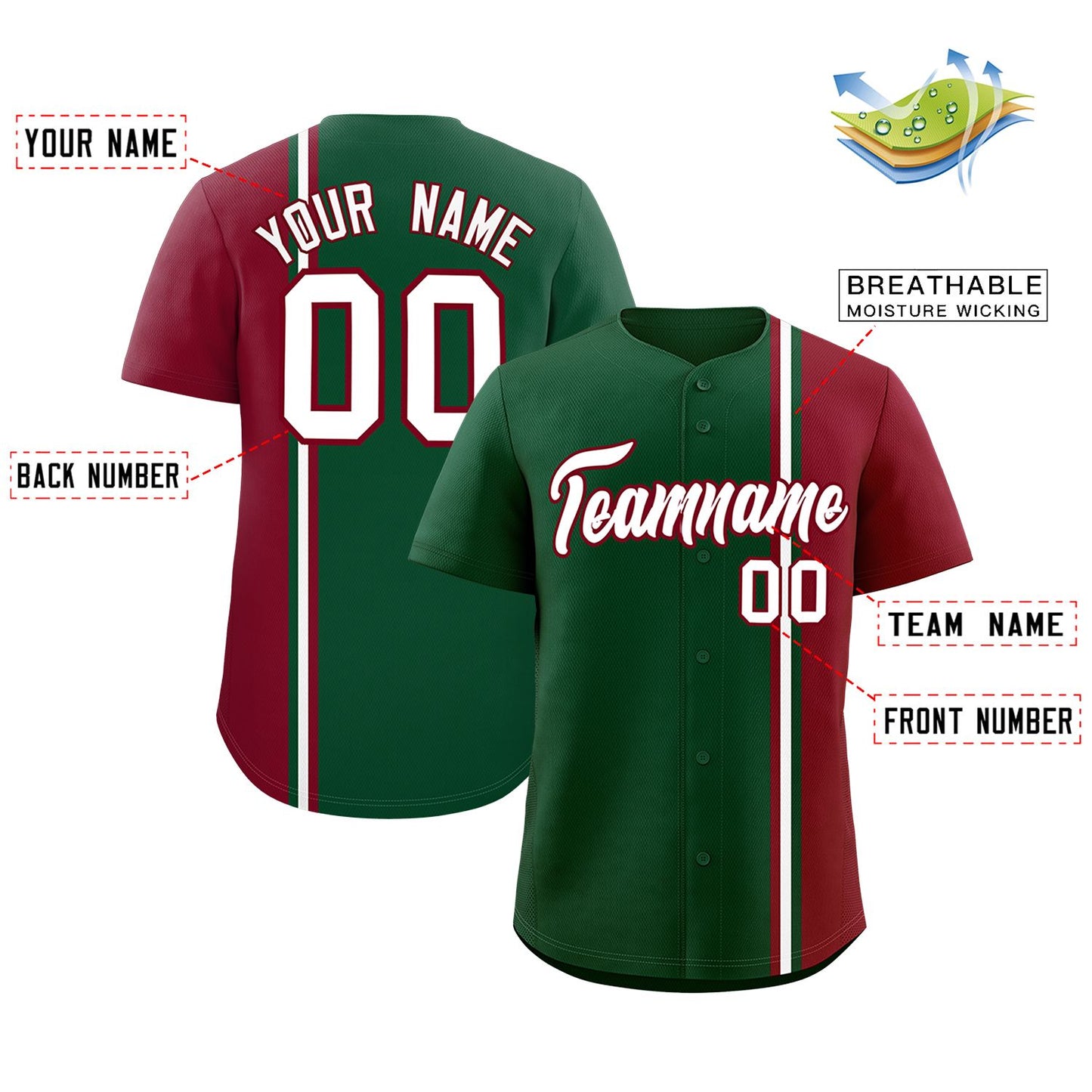 Custom Green Crimson-White Personalized Color Block Authentic Baseball jersey