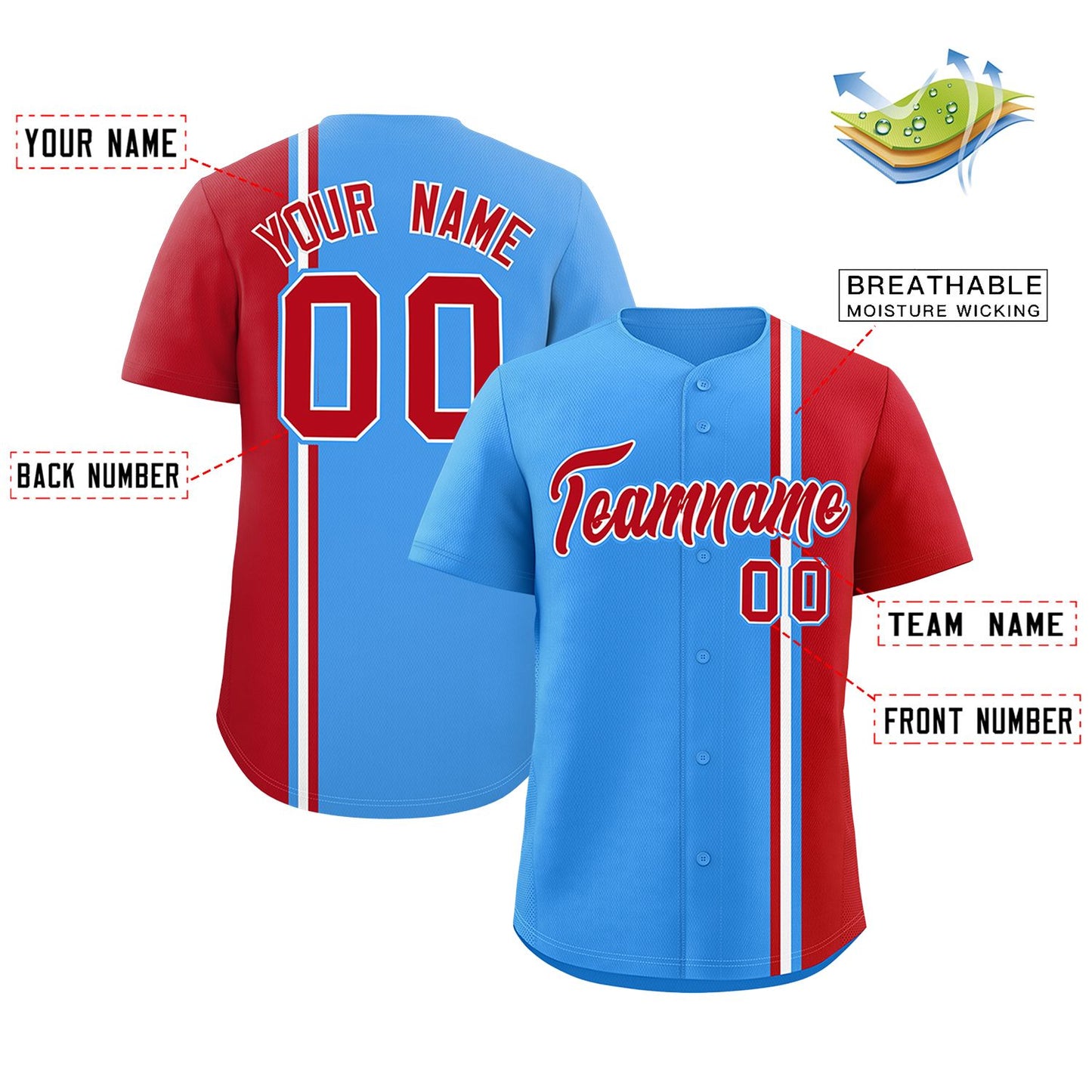 Custom Powder Blue Red-White Personalized Color Block Authentic Baseball jersey