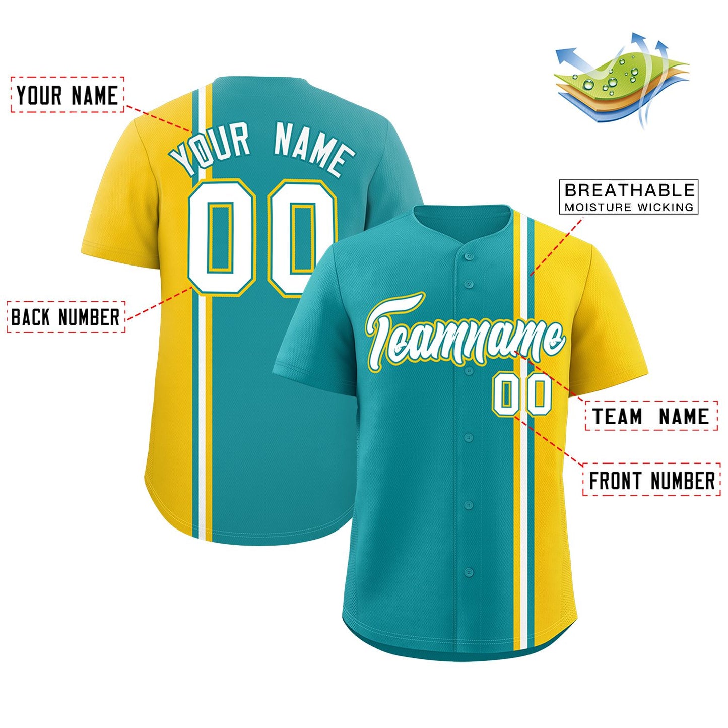 Custom Aqua Gold-White Personalized Color Block Authentic Baseball jersey