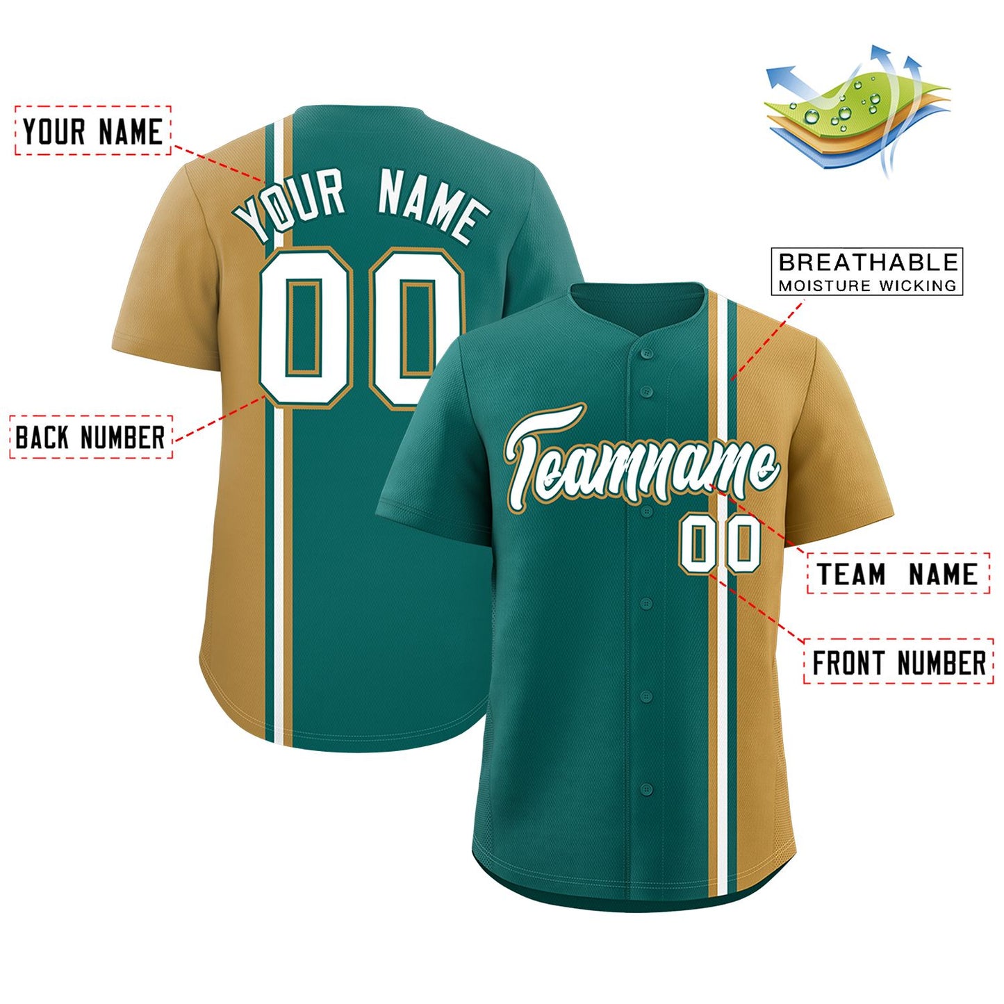 Custom Aqua Old Gold-White Personalized Color Block Authentic Baseball jersey