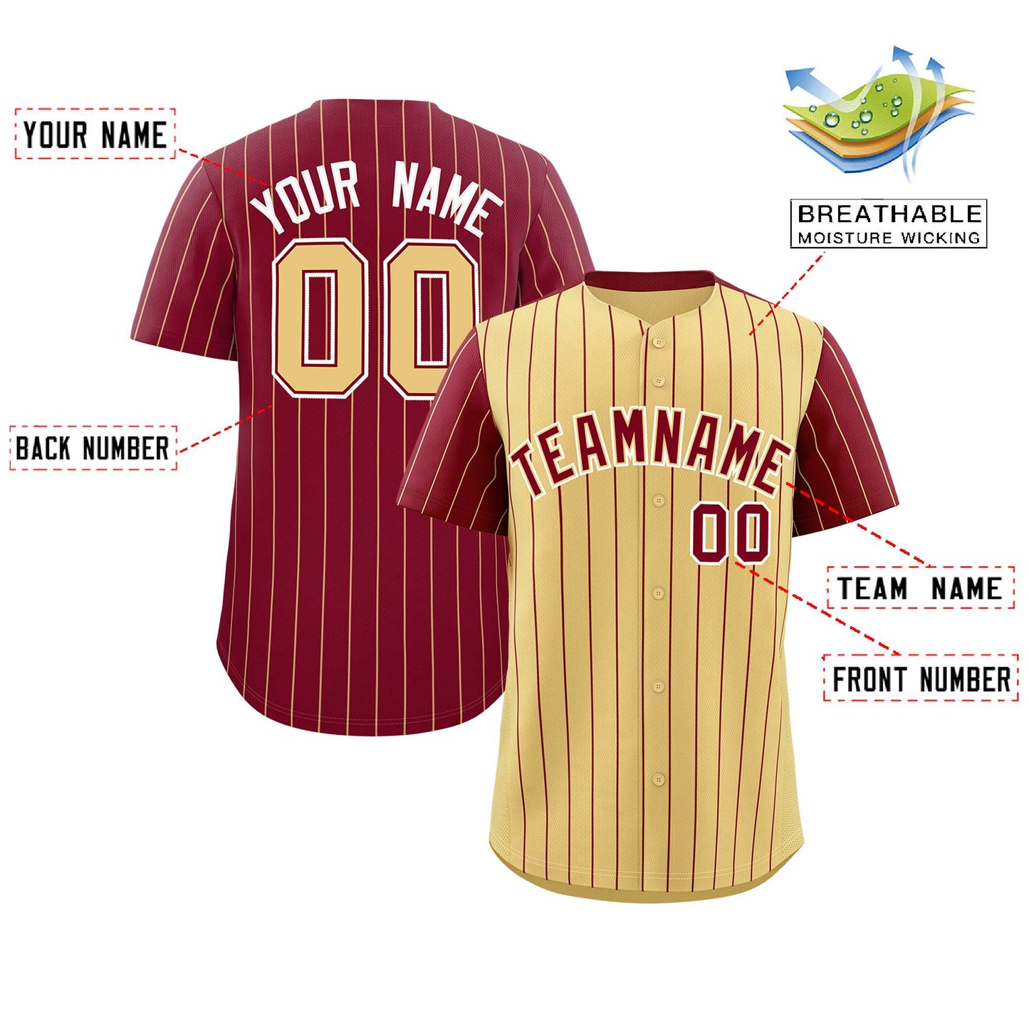 Custom Khaki Crimson Pinstripe Personalized Raglan Sleeves Authentic Baseball Jersey