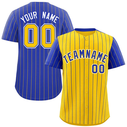 Custom Gold Royal Pinstripe Personalized Raglan Sleeves Authentic Baseball Jersey