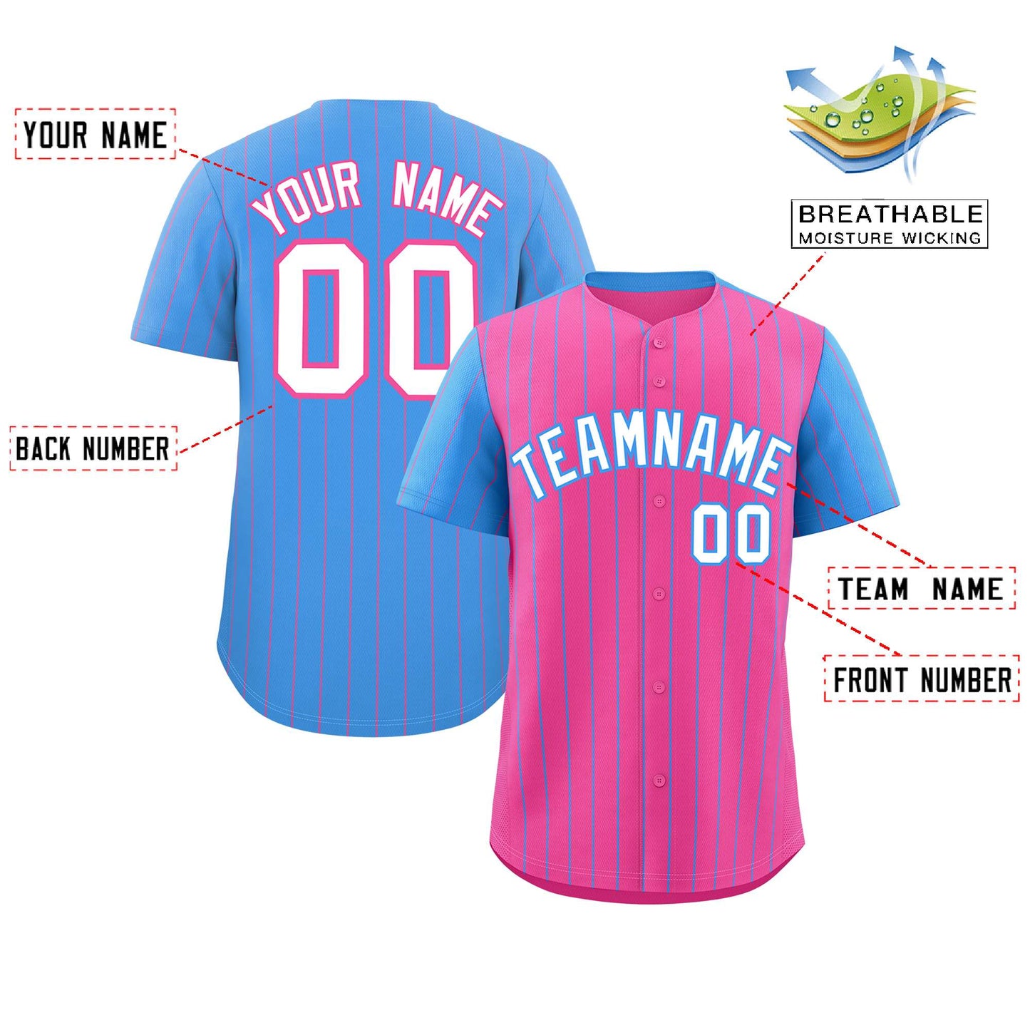 Custom Pink Powder Blue Pinstripe Personalized Raglan Sleeves Authentic Baseball Jersey