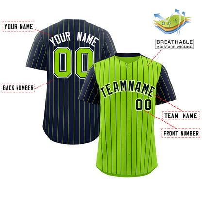 Custom Neon Green Navy Pinstripe Personalized Raglan Sleeves Authentic Baseball Jersey