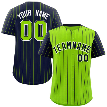 Custom Neon Green Navy Pinstripe Personalized Raglan Sleeves Authentic Baseball Jersey