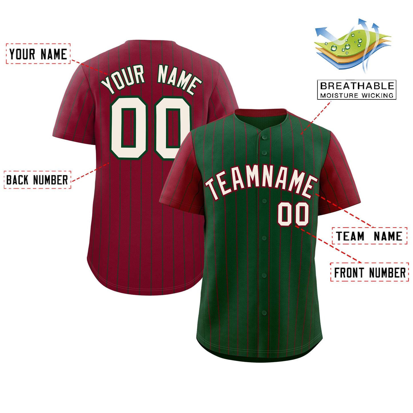 Custom Green Crimson Pinstripe Personalized Raglan Sleeves Authentic Baseball Jersey