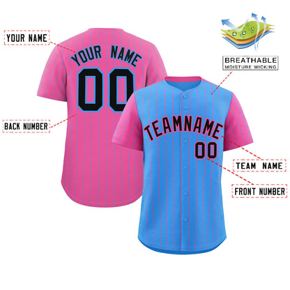 Custom Powder Blue Pink Pinstripe Personalized Raglan Sleeves Authentic Baseball Jersey