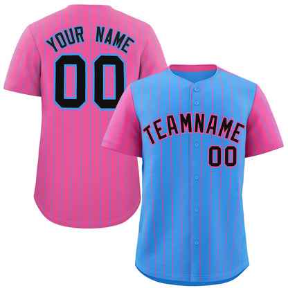 Custom Powder Blue Pink Pinstripe Personalized Raglan Sleeves Authentic Baseball Jersey