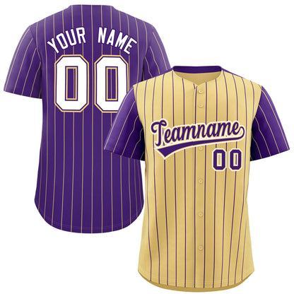 Custom Khaki Purple Pinstripe Personalized Raglan Sleeves Authentic Baseball Jersey