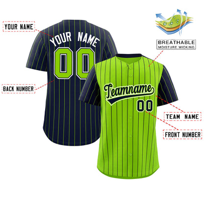 Custom Neon Green Navy Pinstripe Personalized Raglan Sleeves Authentic Baseball Jersey