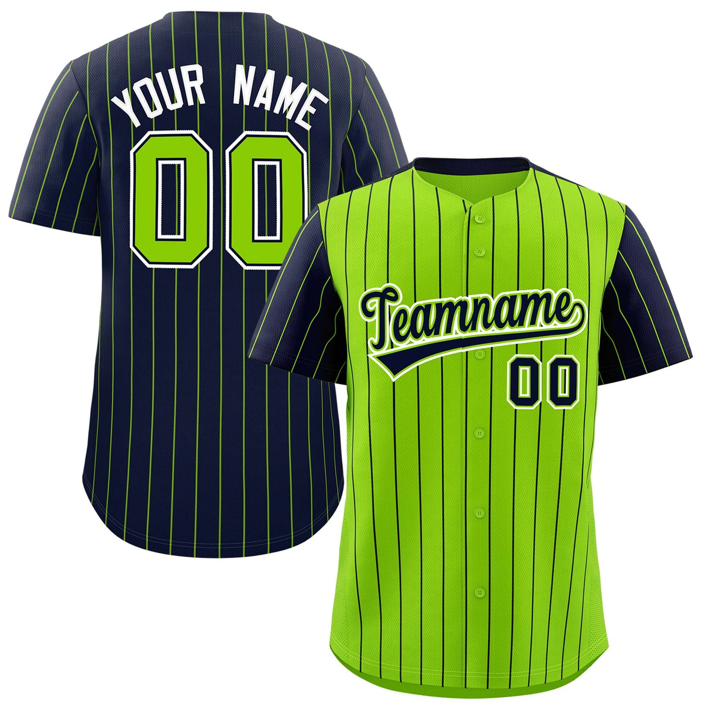 Custom Neon Green Navy Pinstripe Personalized Raglan Sleeves Authentic Baseball Jersey