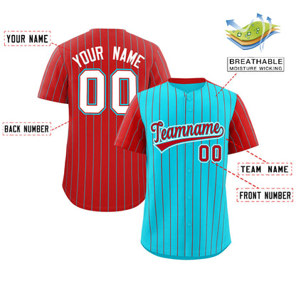 Custom Sky Blue Red Pinstripe Personalized Raglan Sleeves Authentic Baseball Jersey