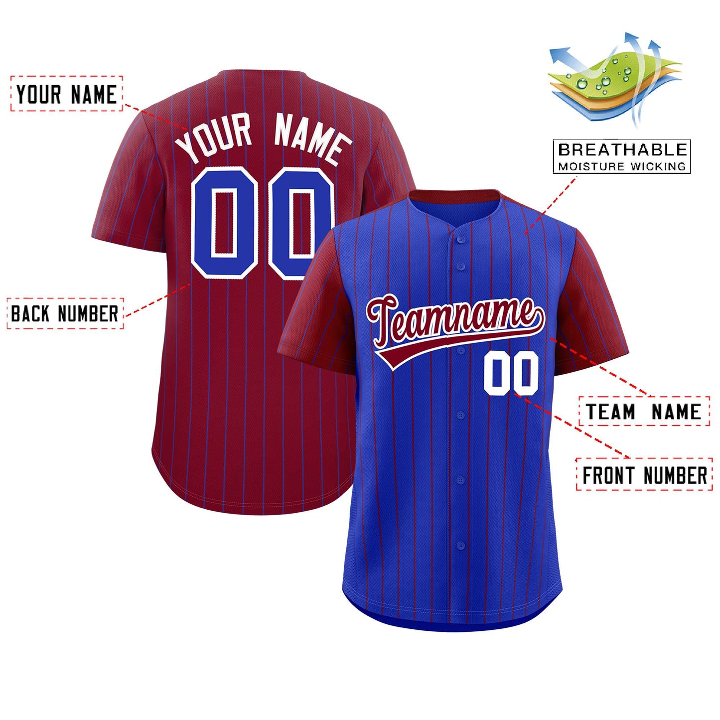 Custom Royal Crimson Pinstripe Personalized Raglan Sleeves Authentic Baseball Jersey