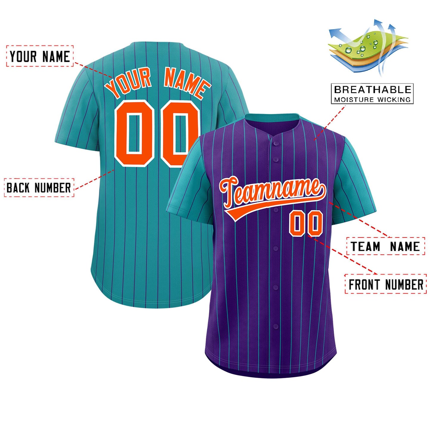 Custom Purple Aqua Pinstripe Personalized Raglan Sleeves Authentic Baseball Jersey