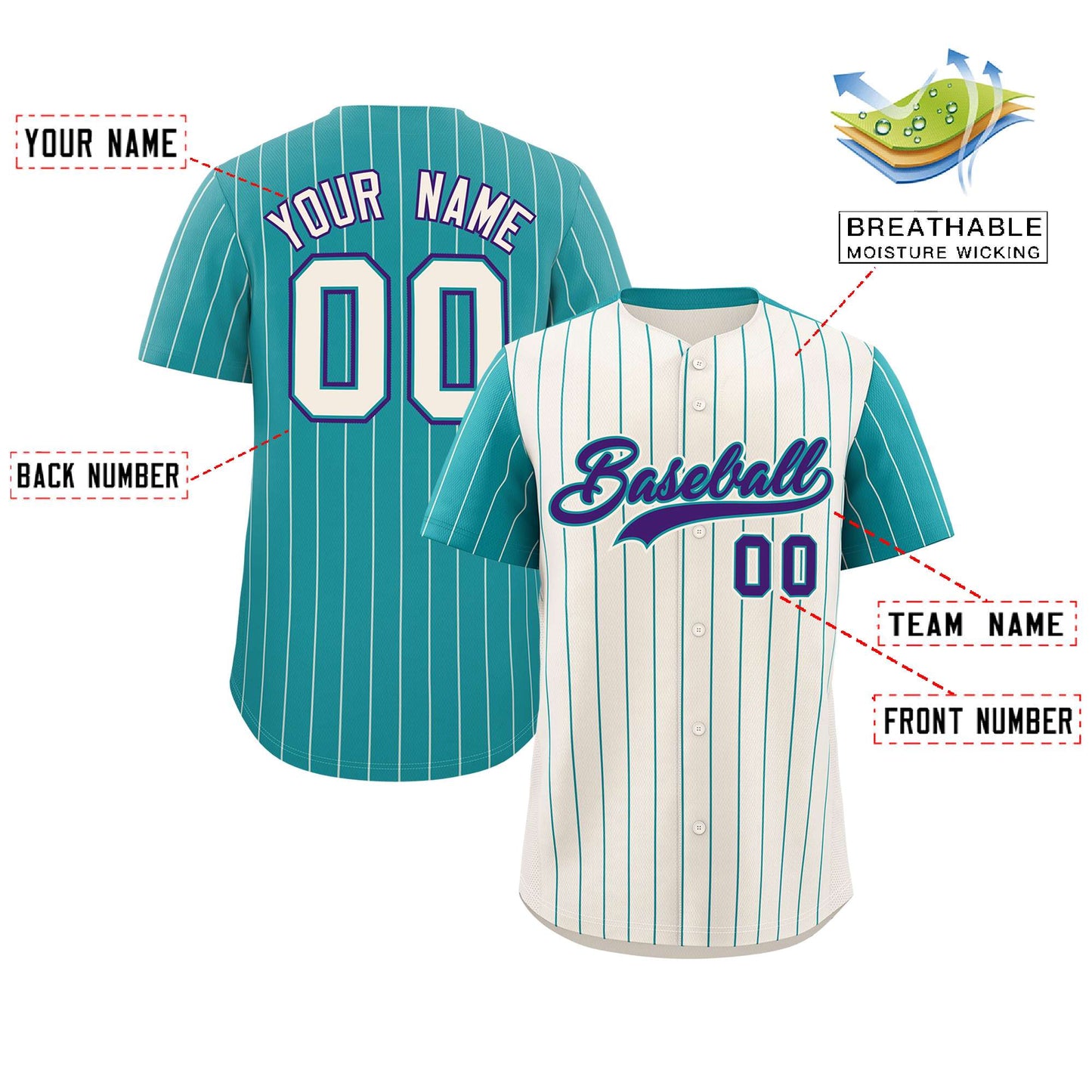 Custom Cream Aqua Pinstripe Personalized Raglan Sleeves Authentic Baseball Jersey