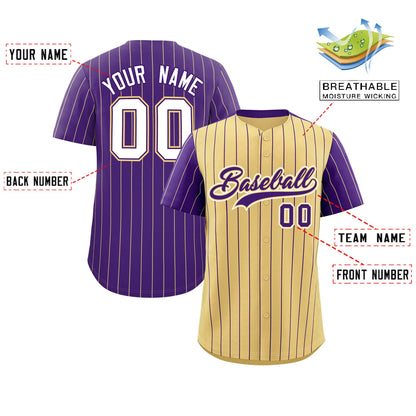 Custom Khaki Purple Pinstripe Personalized Raglan Sleeves Authentic Baseball Jersey