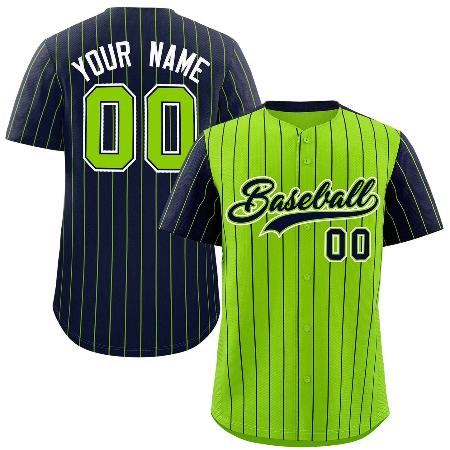 Custom Neon Green Navy Pinstripe Personalized Raglan Sleeves Authentic Baseball Jersey