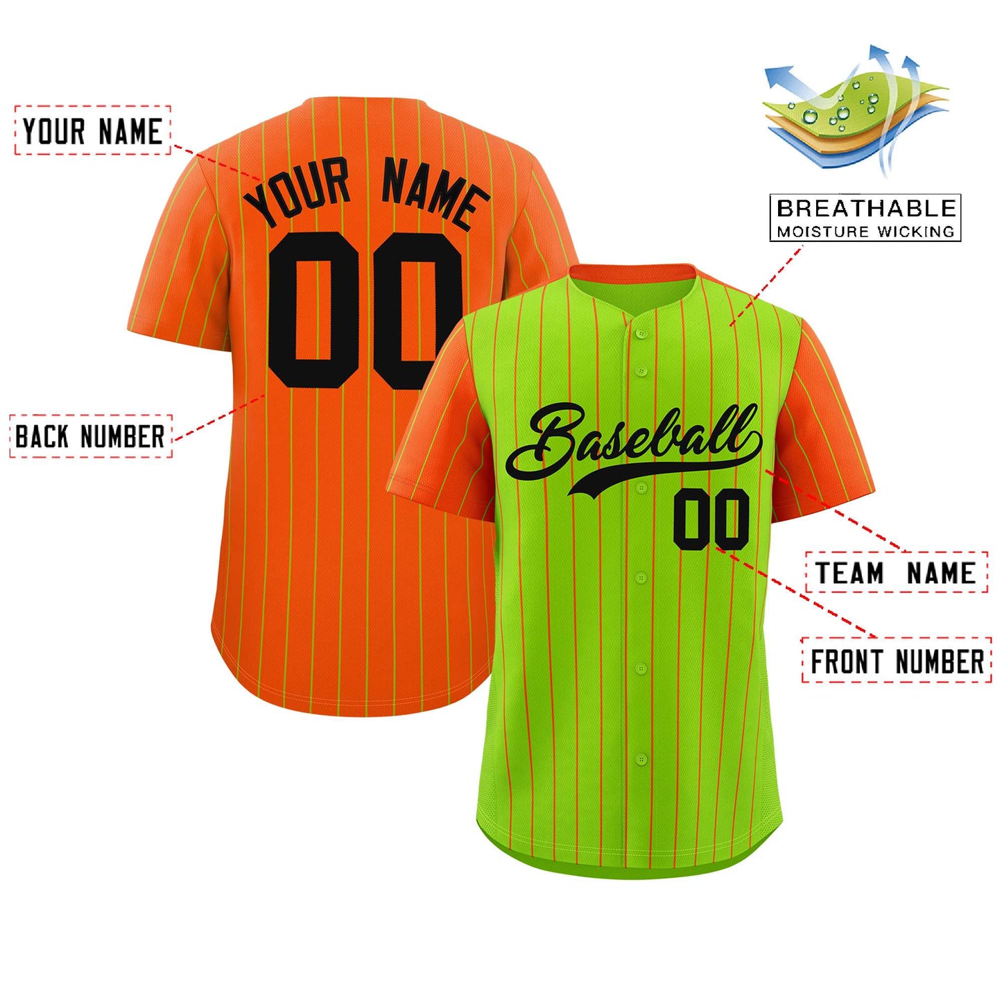 Custom Neon Green Orange Pinstripe Personalized Raglan Sleeves Authentic Baseball Jersey