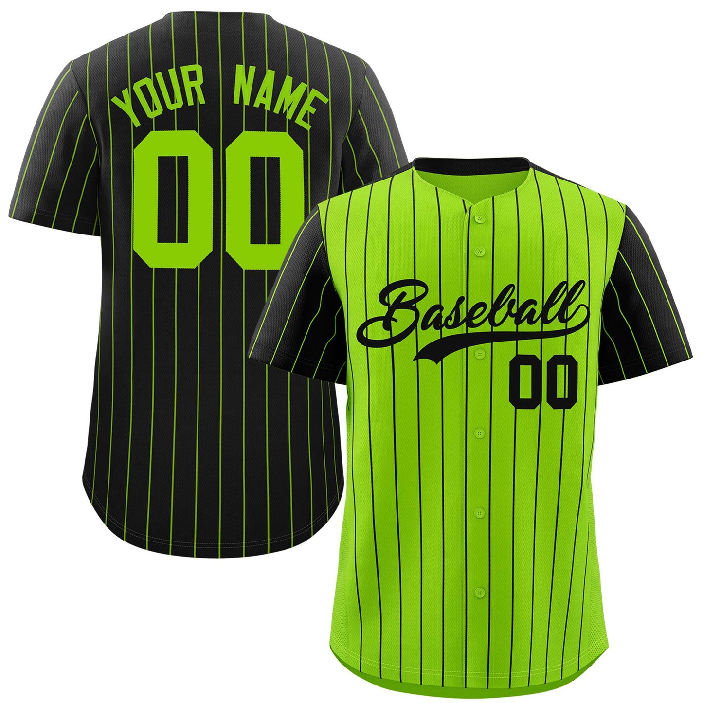 Custom Neon Green Black Pinstripe Personalized Raglan Sleeves Authentic Baseball Jersey