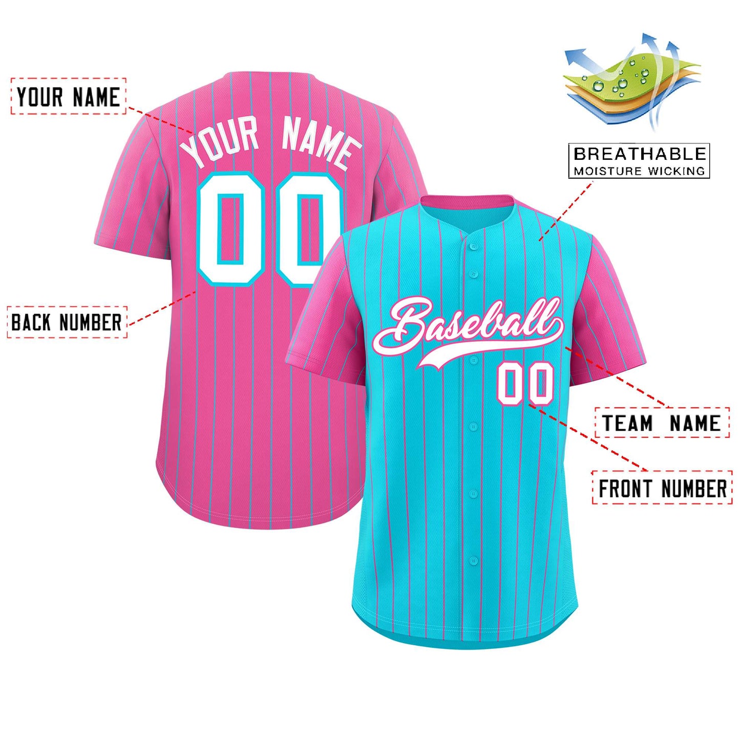 Custom Sky Blue Pink Pinstripe Personalized Raglan Sleeves Authentic Baseball Jersey