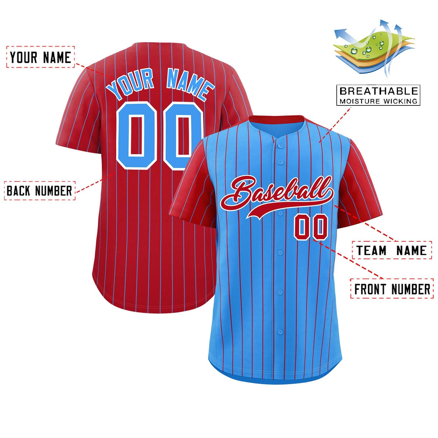 Custom Powder Blue Red Pinstripe Personalized Raglan Sleeves Authentic Baseball Jersey