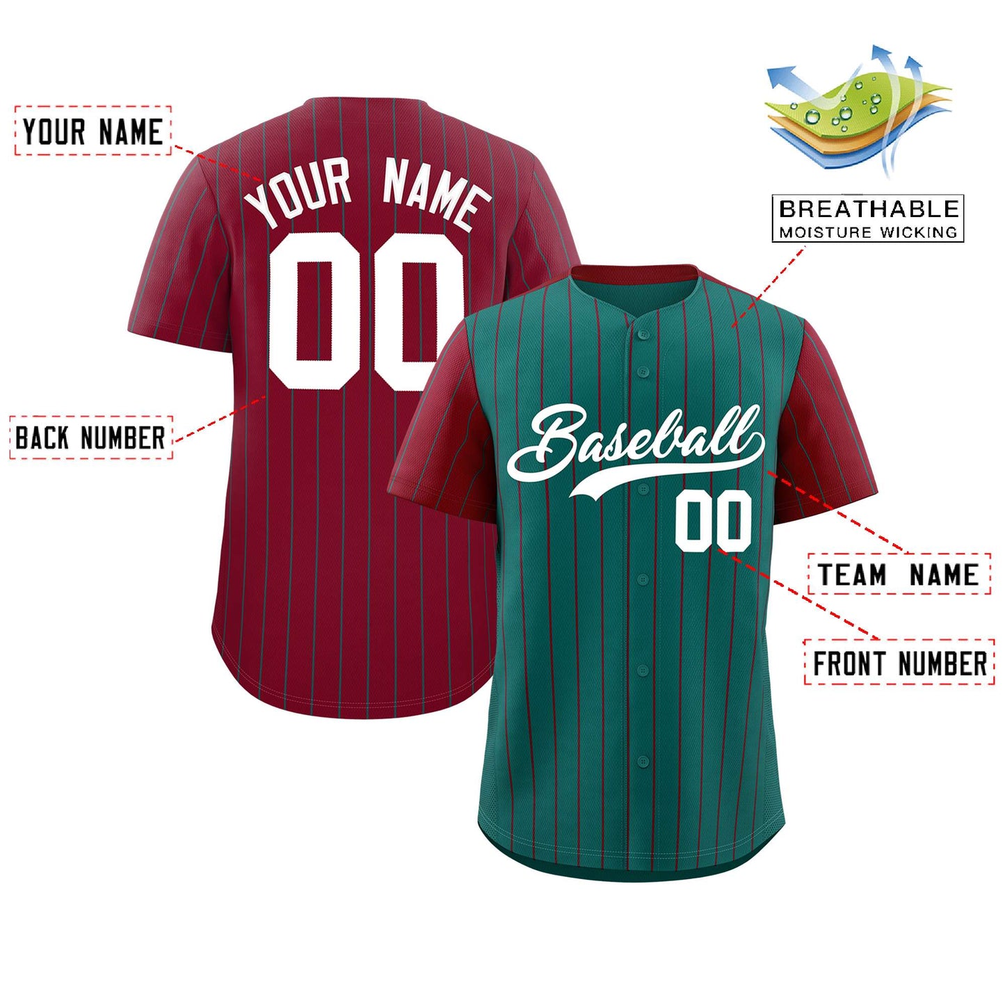 Custom Aqua Crimson Pinstripe Personalized Raglan Sleeves Authentic Baseball Jersey