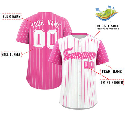 Custom White Pink Pinstripe Personalized Raglan Sleeves Authentic Baseball Jersey